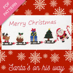 Christmas-themed design with Santa, reindeer, and tree on a red background with snowflakes.