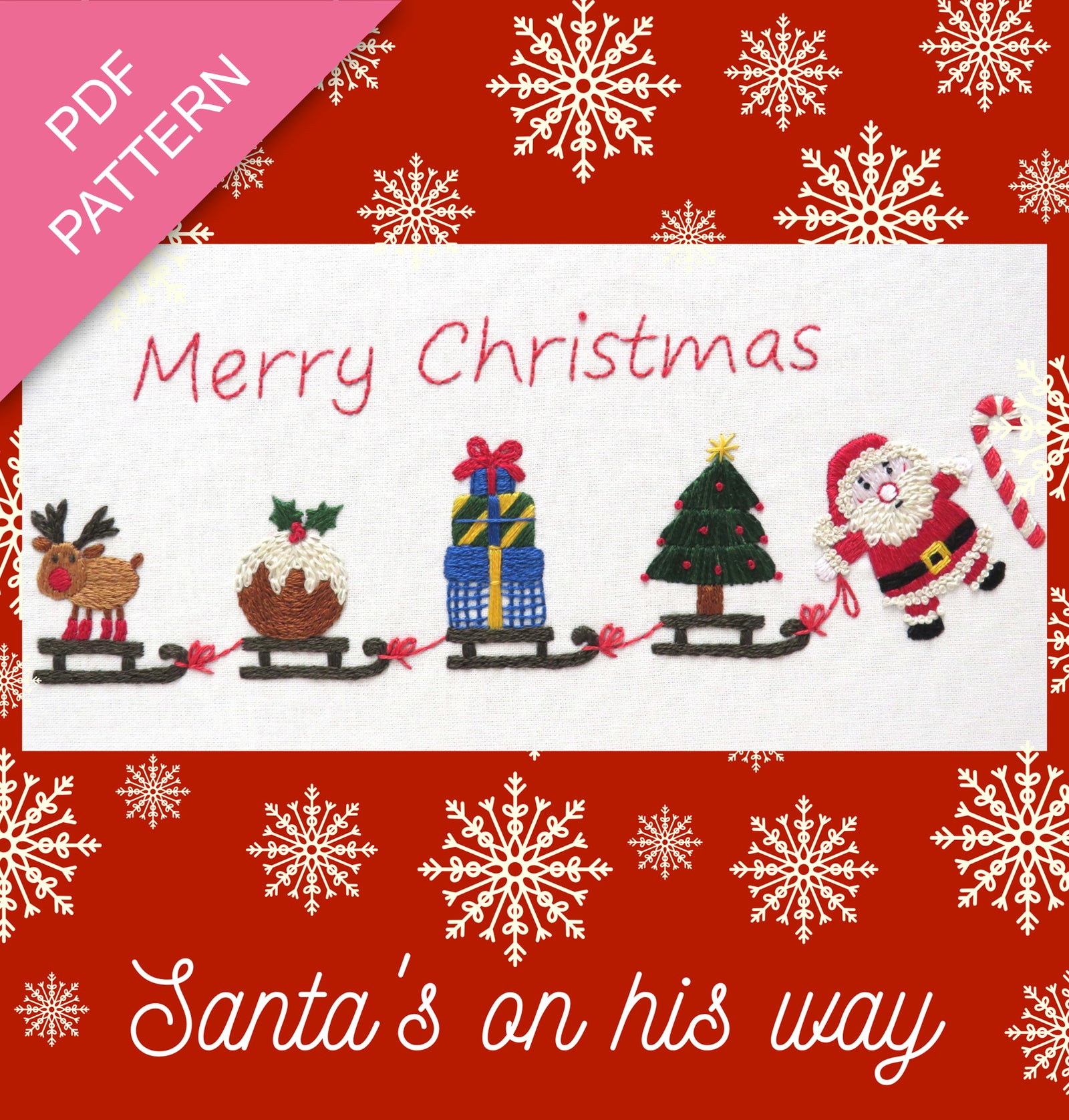 Christmas-themed design with Santa, reindeer, and tree on a red background with snowflakes.