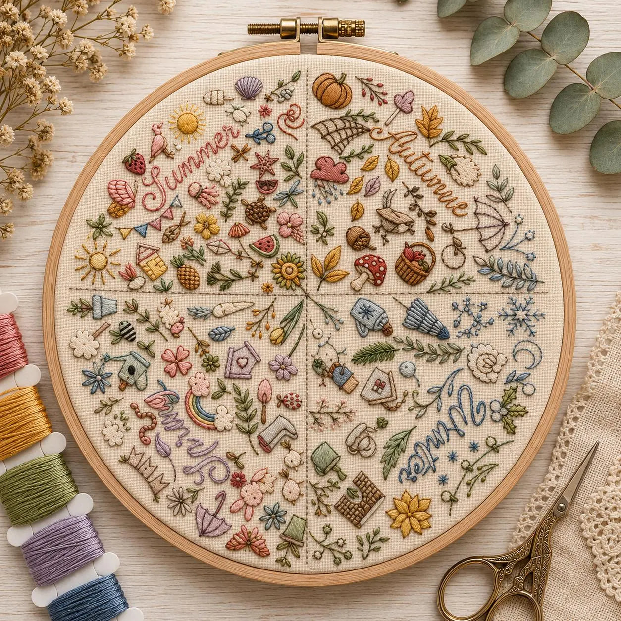 Seasonal Doodles Pre Printed Embroidery Fabric for hand embroidery