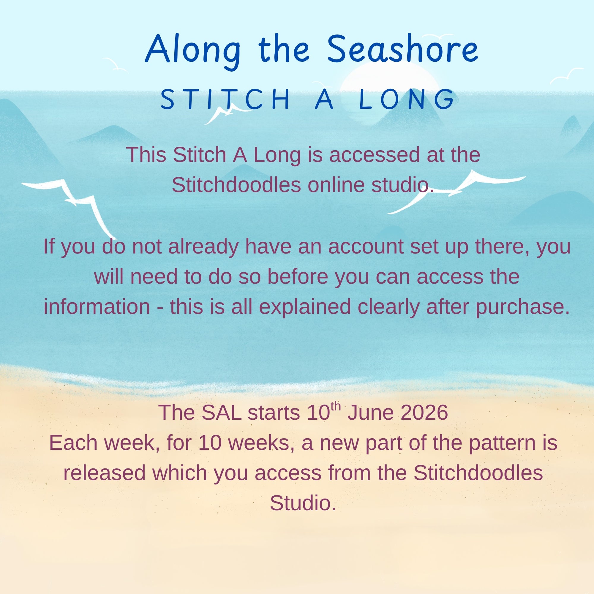 Promotional text for 'Along the Seashore Stitch A Long' with beach scenery background.