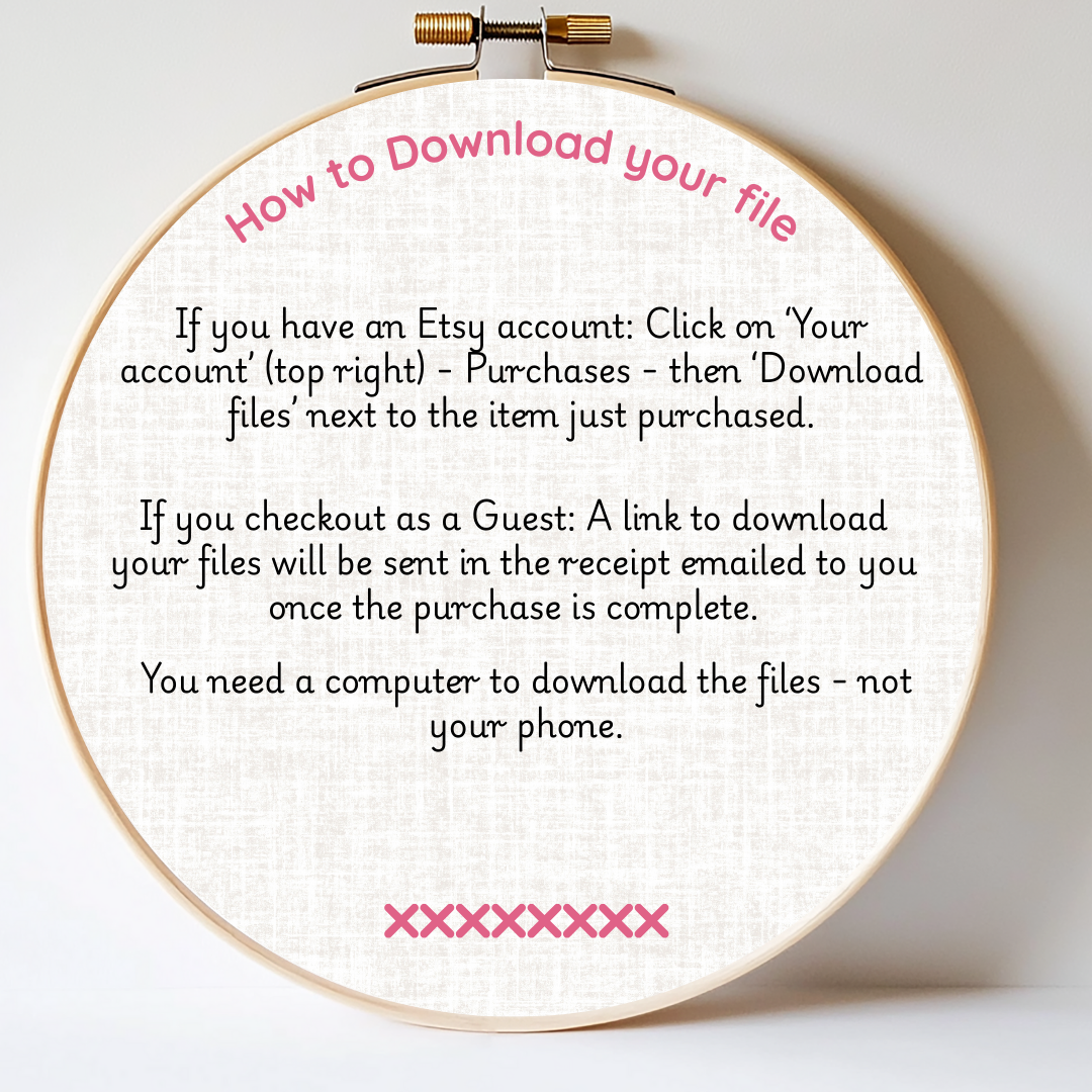 Embroidery hoop with text on how to download a file from Etsy
