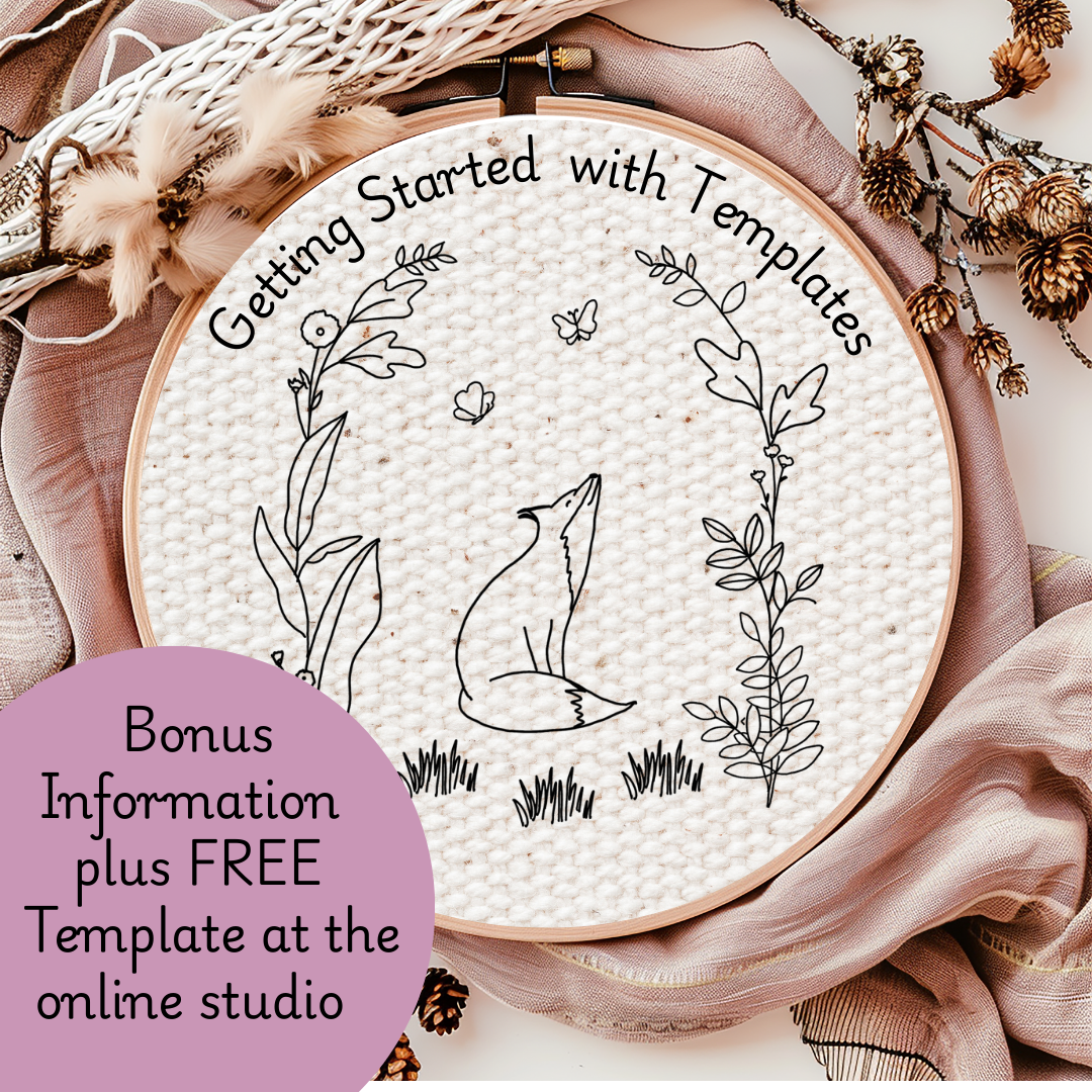 Embroidery hoop with fox design and text about templates and a free template offer.