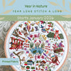 Promotional graphic for 'Year in Nature Year Long Stitch a Long' with embroidered design and text.