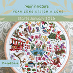 Promotional graphic for 'Year in Nature Year Long Stitch a Long' with embroidered design and text.
