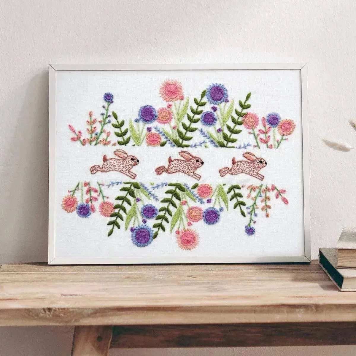 Spring Rabbits Pre Printed Hand Embroidery Fabric Panel , Pre Printed Fabric Pattern , StitchDoodles , embroidery hoop kit, embroidery kit for adults, embroidery kit for beginers, flowers, hand embroidery, hand embroidery pattern, pre printed fabric, rabbits , StitchDoodles , shop.stitchdoodles.com