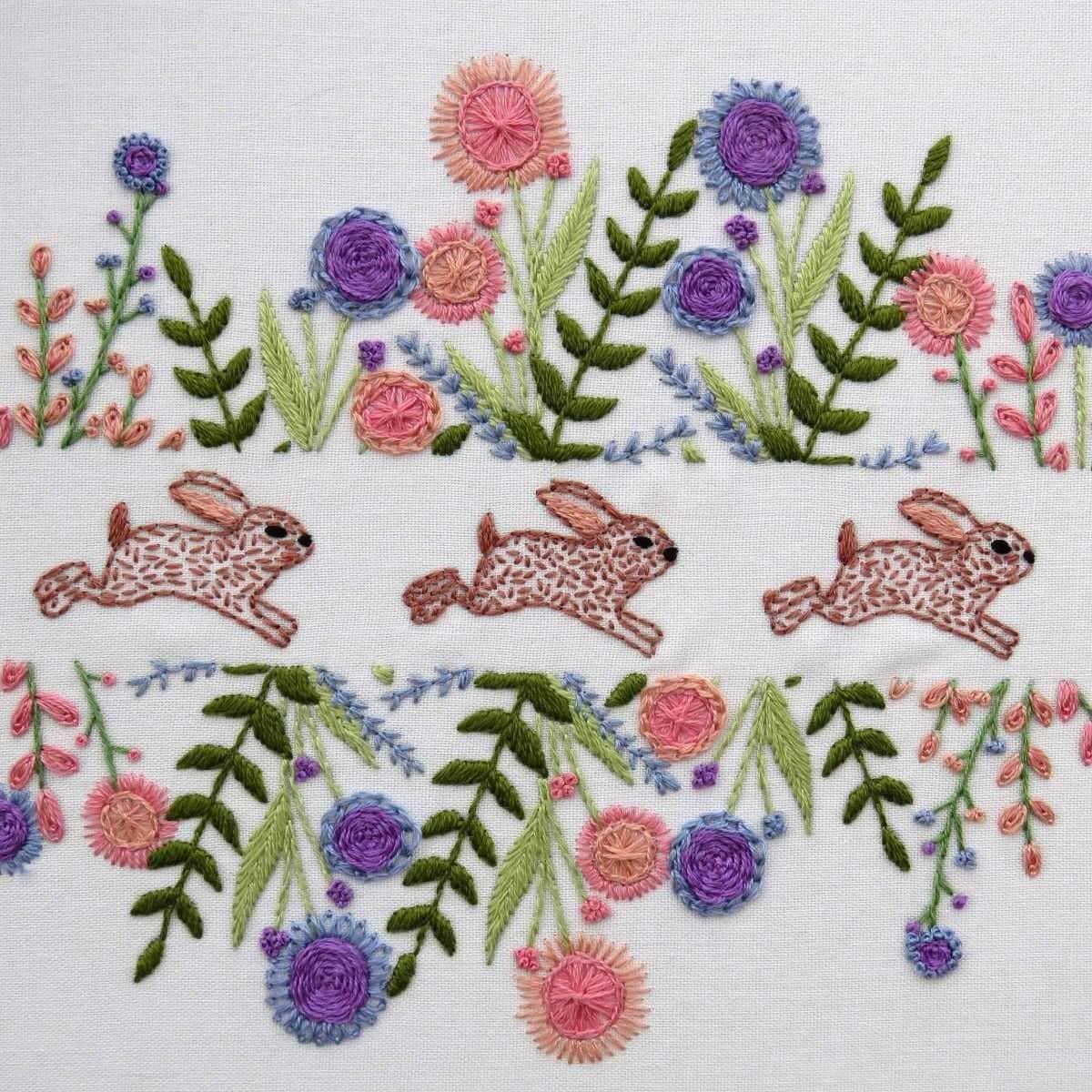 Spring Rabbits Pre Printed Hand Embroidery Fabric Panel , Pre Printed Fabric Pattern , StitchDoodles , embroidery hoop kit, embroidery kit for adults, embroidery kit for beginers, flowers, hand embroidery, hand embroidery pattern, pre printed fabric, rabbits , StitchDoodles , shop.stitchdoodles.com