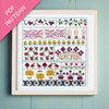 Framed cross-stitch pattern with floral and geometric designs on a teal background