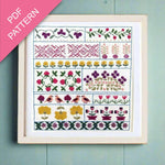 Framed cross-stitch pattern with floral and geometric designs on a teal background