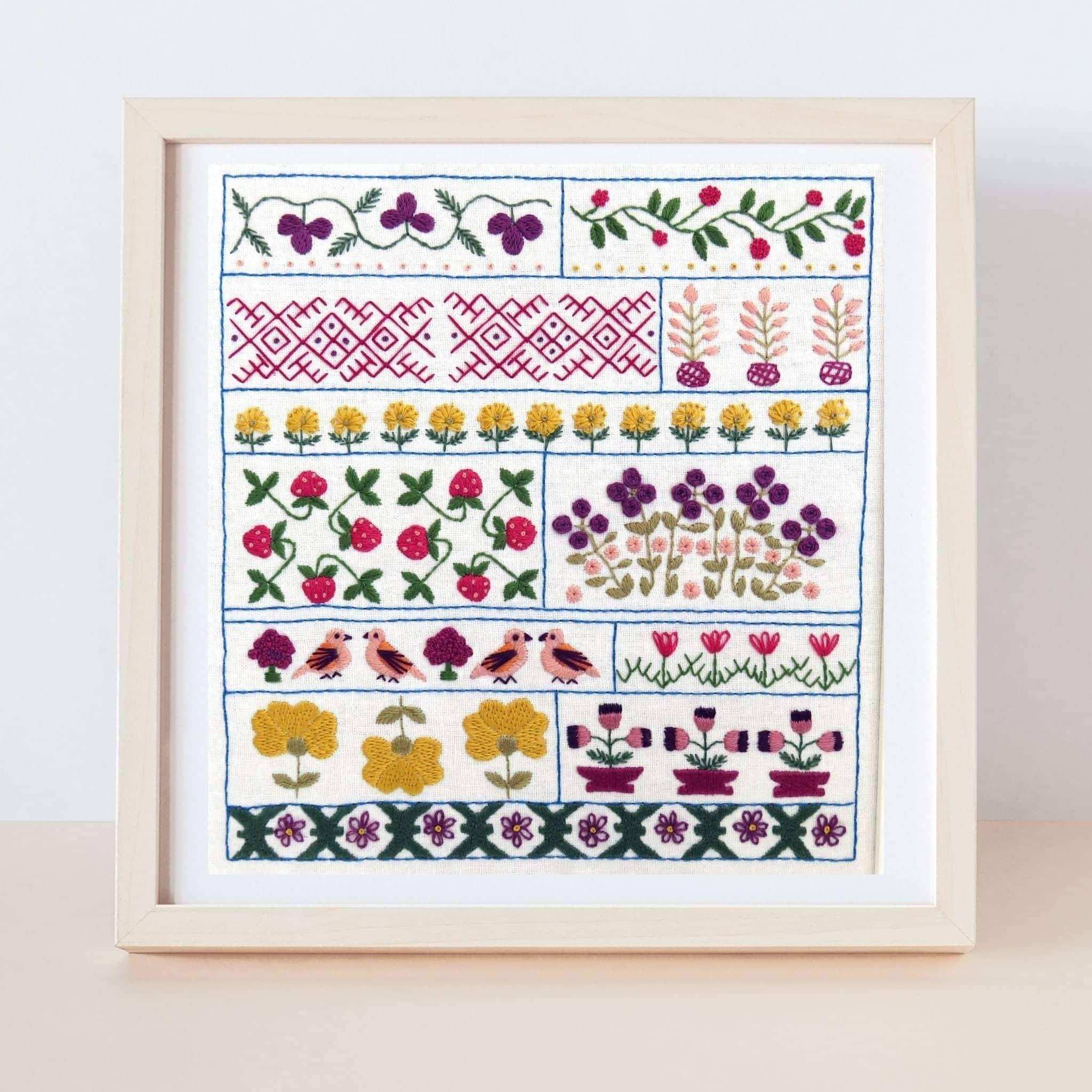 Spring Sampler, Pre Printed Embroidery Fabric Panel Pattern , Pre Printed Fabric Pattern , StitchDoodles , embroidery hoop kit, embroidery kit for adults, embroidery kit for beginers, hand embroidery, hand embroidery fabric, hand embroidery kit, PDF pattern , StitchDoodles , shop.stitchdoodles.com