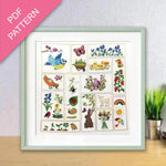 Framed PDF pattern with illustrations of animals, plants, and nature-themed designs on a light background.