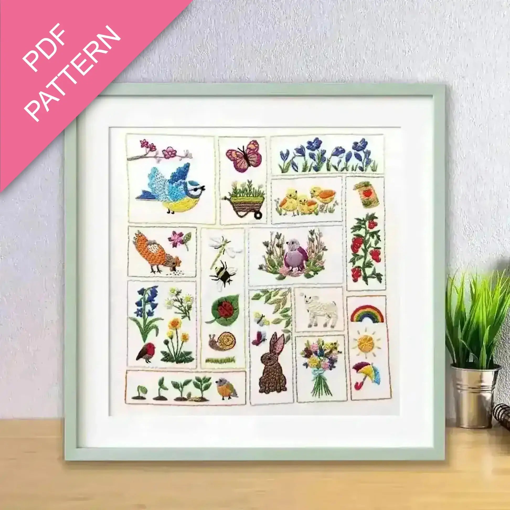 Framed PDF pattern with illustrations of animals, plants, and nature-themed designs on a light background.