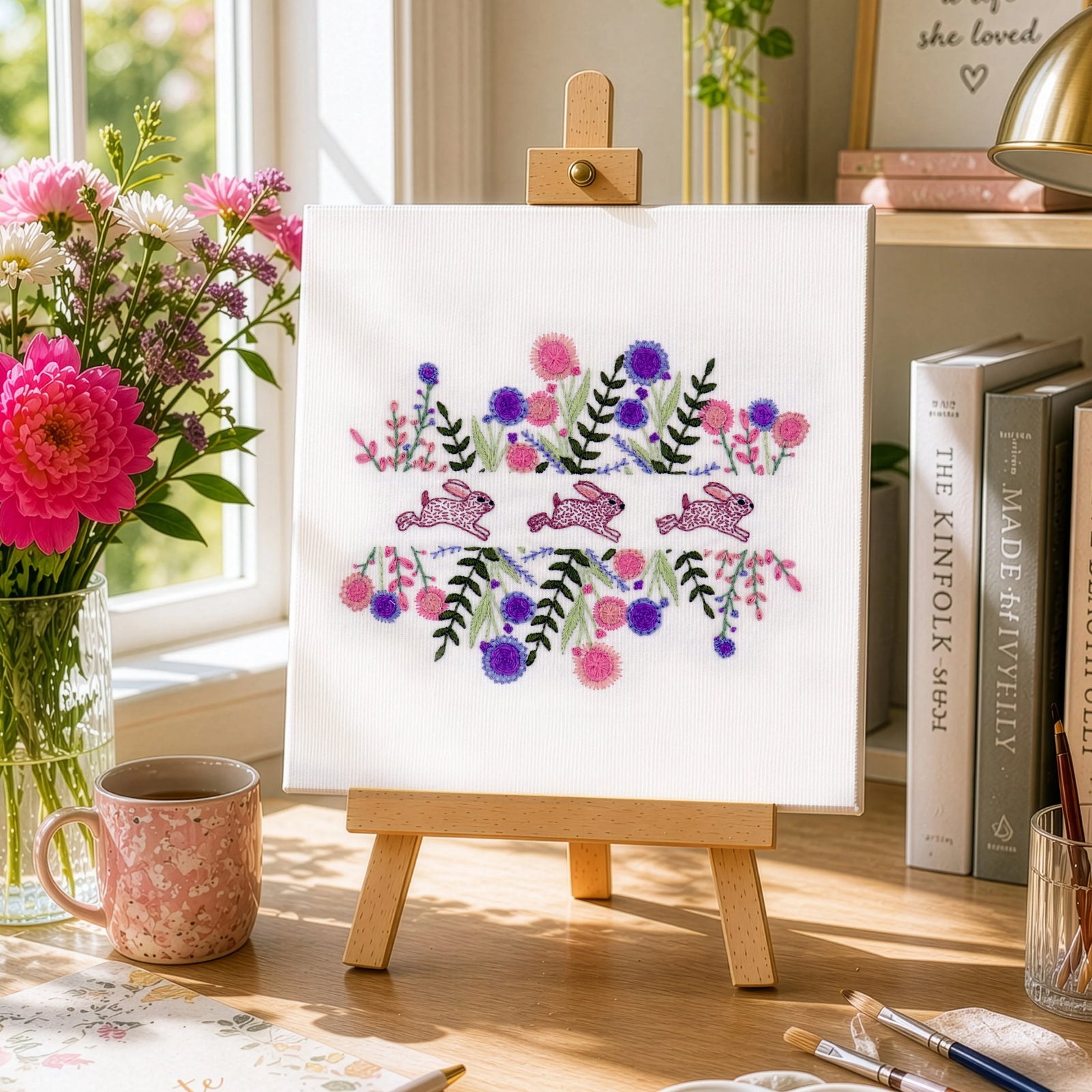 Art easel with floral painting on a desk with books, flowers, and stationery.