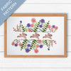 Embroidery pattern with rabbits and flowers on a white background