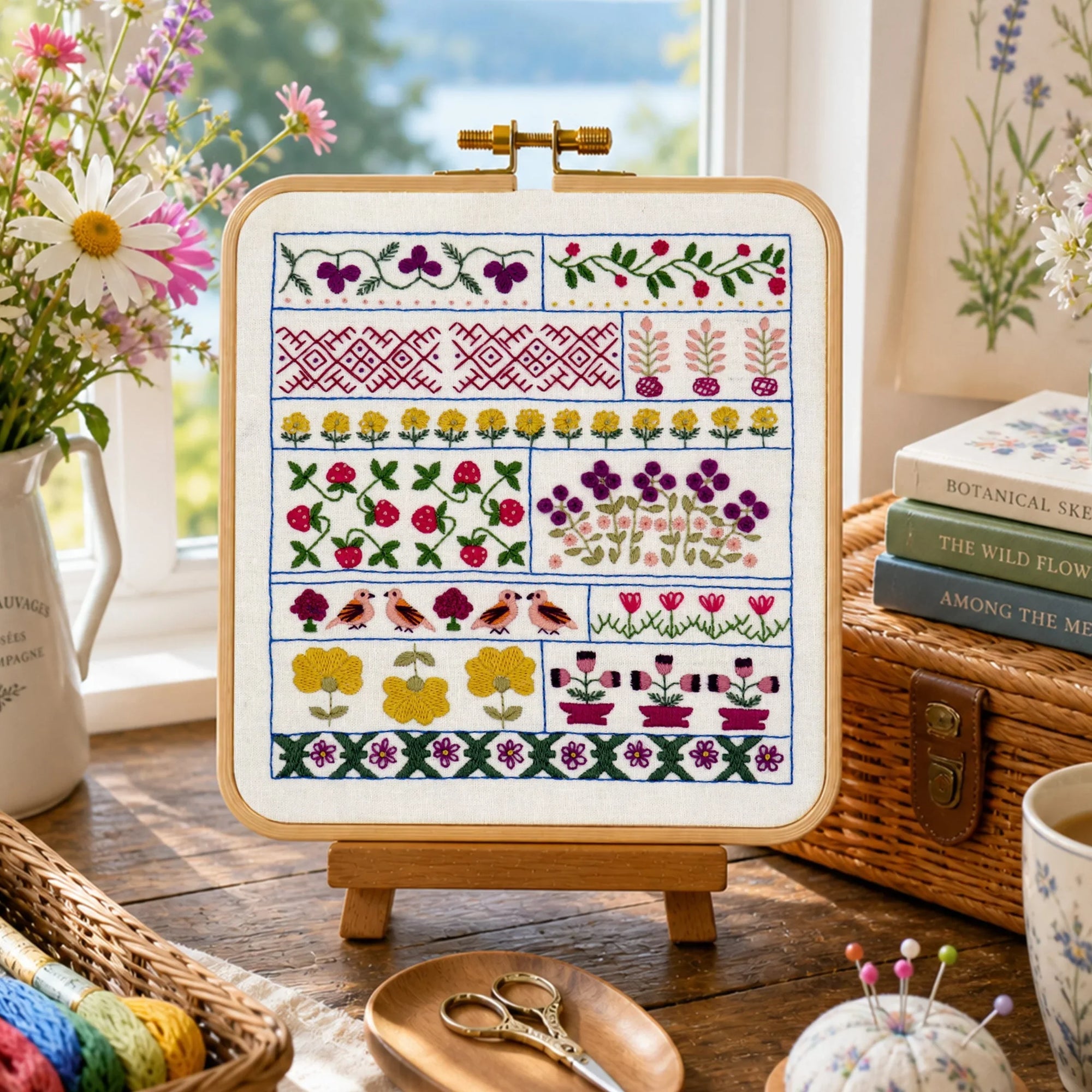 Cross-stitch pattern on a hoop with embroidery supplies and flowers on a table.