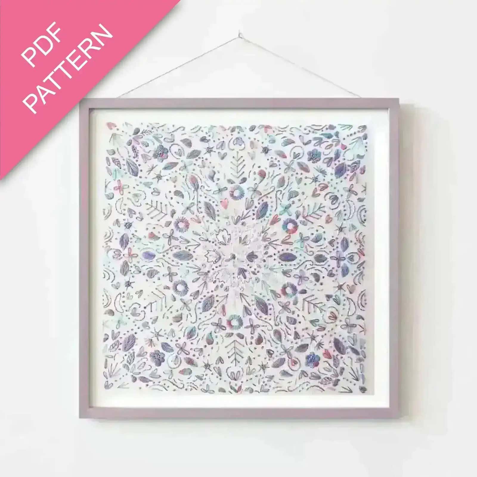 Framed floral pattern with 'PDF Pattern' text on a pink triangle