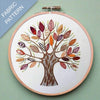 Embroidery hoop with a colorful tree design on fabric against a green background