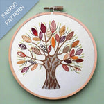 Embroidery hoop with a colorful tree design on fabric against a green background
