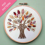 Embroidery hoop with a colorful tree design on a light green background, featuring 'PDF Pattern' text.