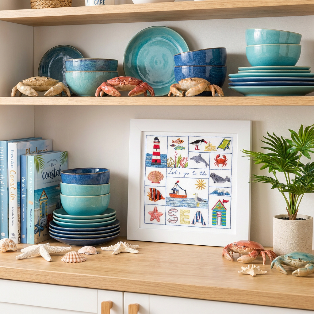 Nautical-themed kitchen with blue ceramic dishes, framed art, and decorative items on a wooden shelf.