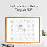 Hand embroidery design template PDF with a wooden frame on a light gray background