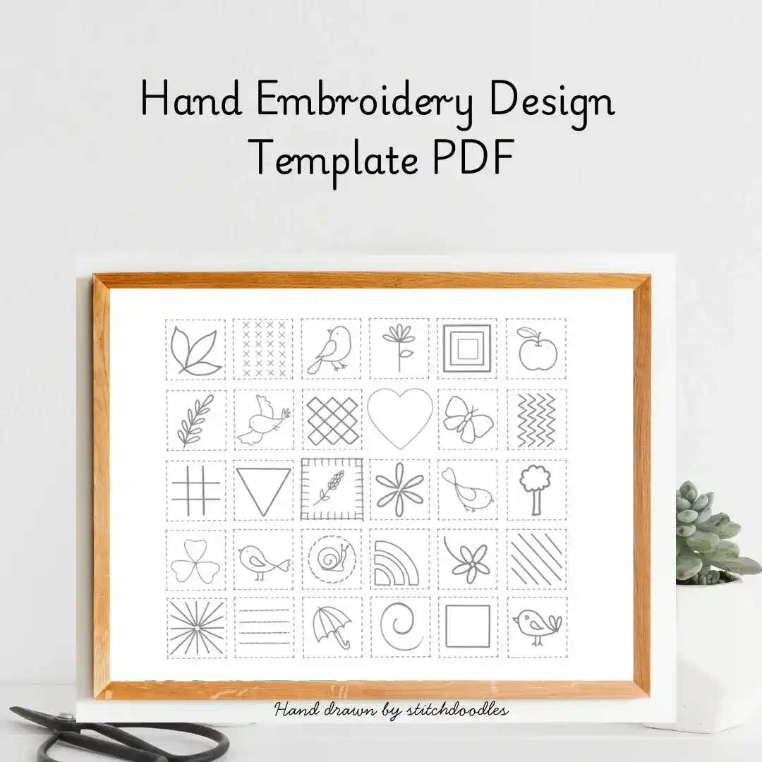 Hand embroidery design template PDF with a wooden frame on a light gray background