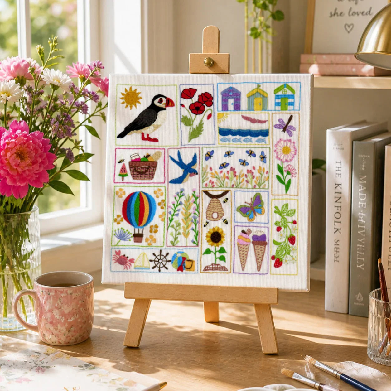 Artistic display on a small easel with colorful illustrations, surrounded by books, flowers, and art supplies on a desk.
