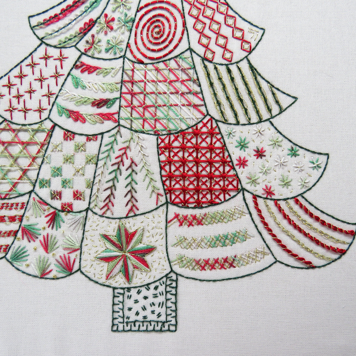 A close-up of a hand-embroidered Christmas tree design on white fabric, featuring various festive patterns in red, green, and beige.