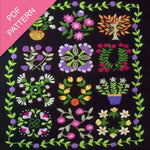 Embroidery patterns on a dark background with 'PDF Pattern' text.