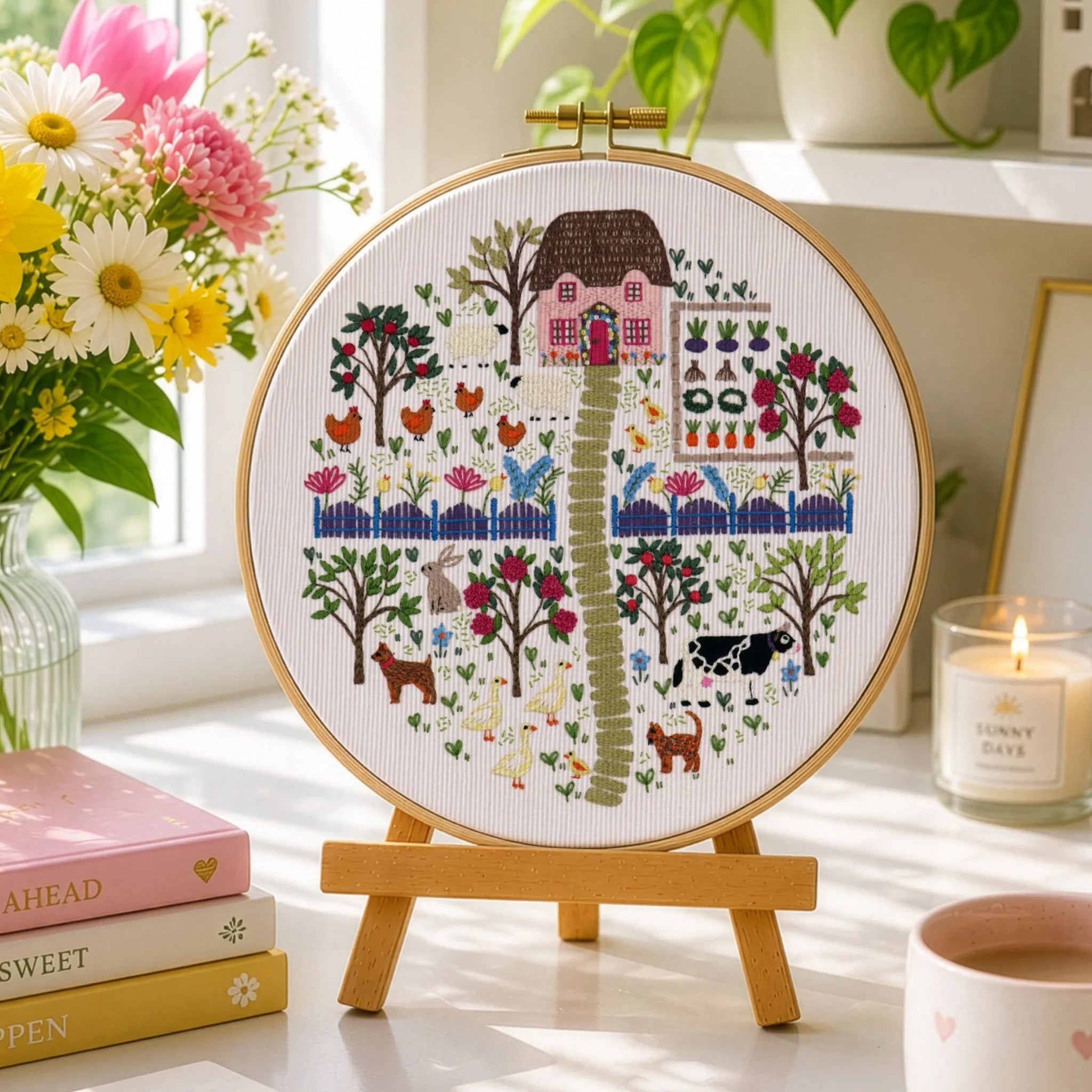 Decorative cross-stitch hoop on a table with books, flowers, and a cup of coffee.