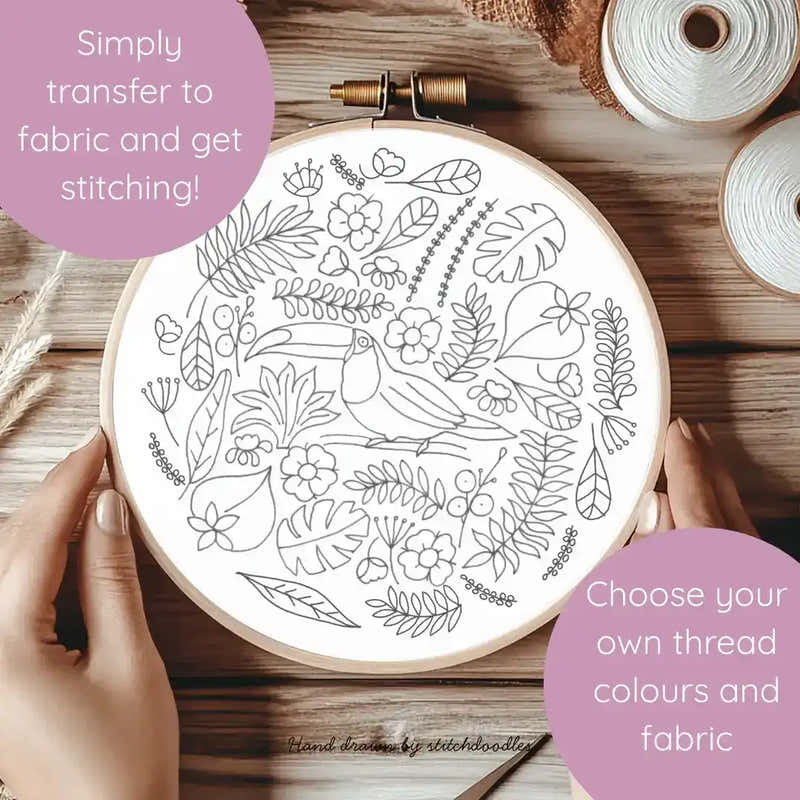 Embroidery hoop with floral pattern on a wooden surface, surrounded by fabric and thread.