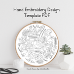 Hand embroidery design template PDF with floral patterns in an embroidery hoop on a white background.