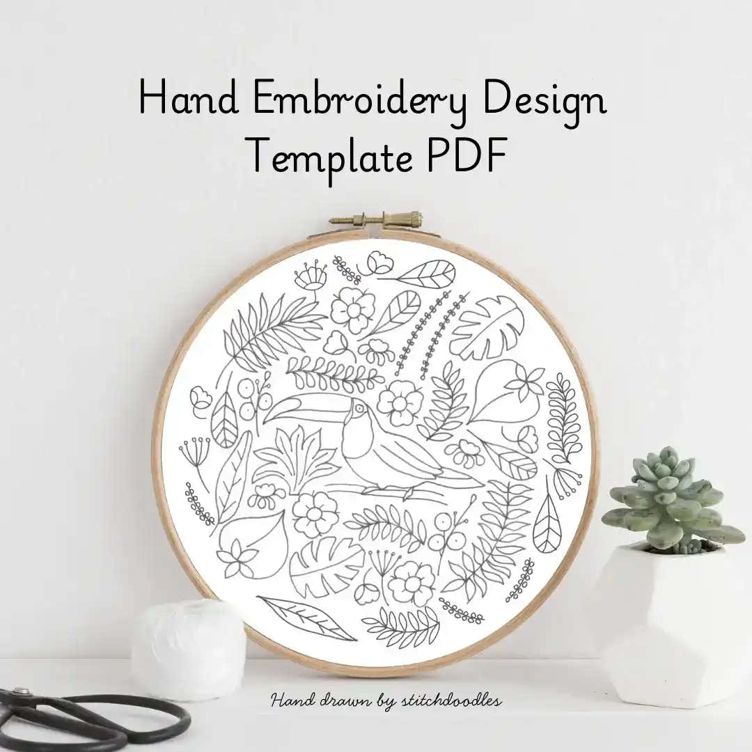 Hand embroidery design template PDF with floral patterns in an embroidery hoop on a white background.