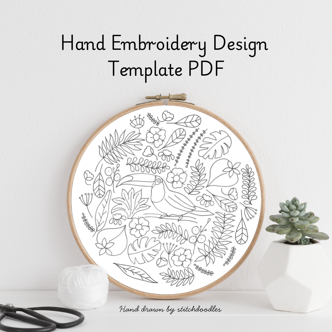 Hand embroidery design template PDF with floral patterns in an embroidery hoop on a white background.