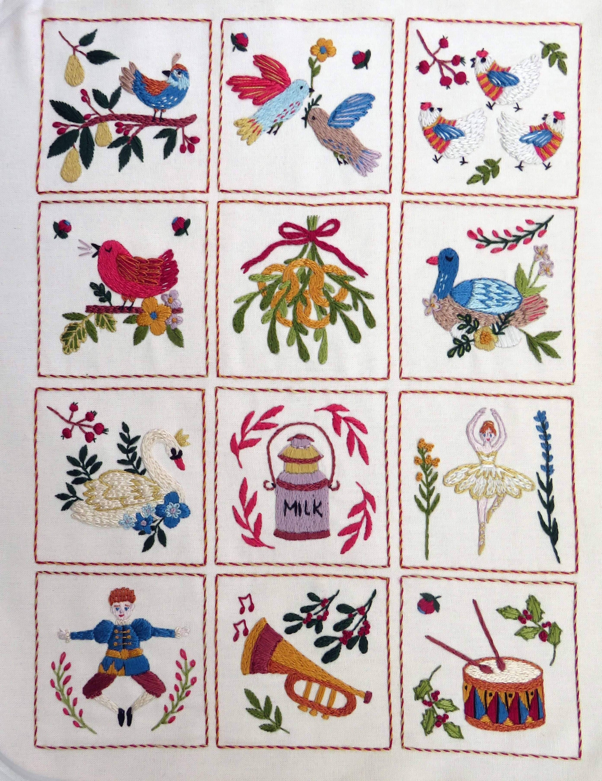 Twelve days of Christmas Pre Printed Hand Embroidery Fabric Panel , Pre Printed Fabric Pattern , StitchDoodles , christmas, Course, Thinkific , StitchDoodles , shop.stitchdoodles.com