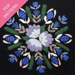 Embroidered design with blue and purple flowers on a black background, labeled 'PDF Pattern'.