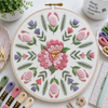 Floral embroidery hoop with pink and green flowers on a white background, surrounded by embroidery supplies.