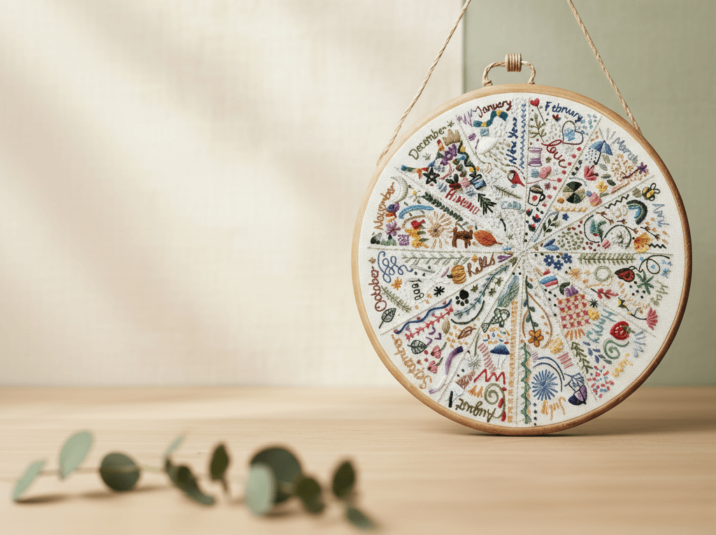 Decorative circular embroidery hoop with floral and nature-themed designs on a neutral background.