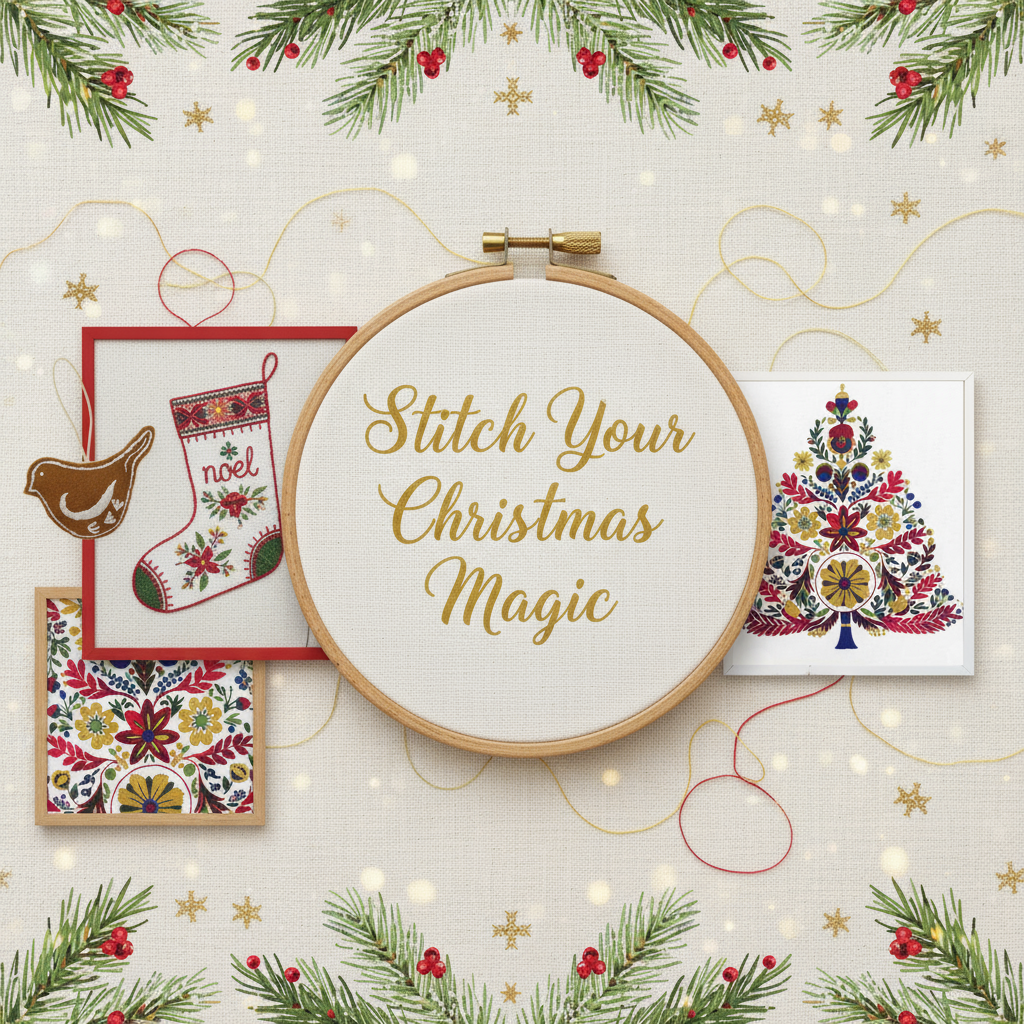 Decorative embroidery hoop with 'Stitch Your Christmas Magic' text, surrounded by Christmas-themed cards and decorations on a festive background.