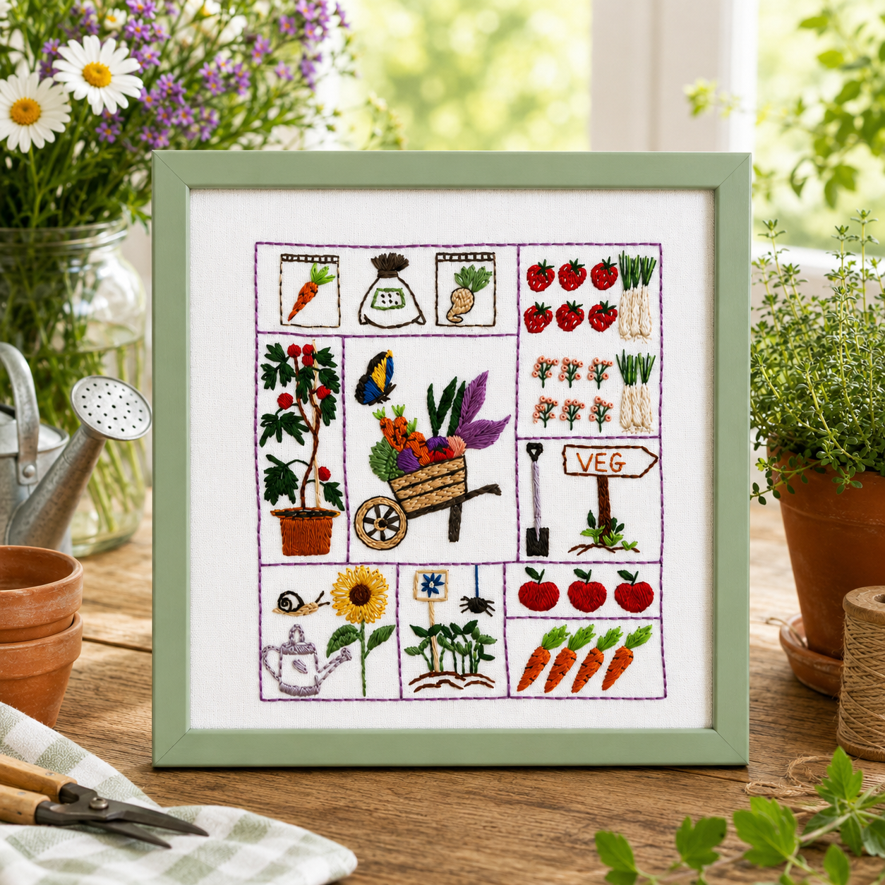 Framed cross-stitch embroidery of gardening-themed design on a wooden table with plants and tools.