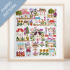 Framed fabric pattern with colorful houses and flowers on a white background