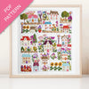 Framed cross-stitch pattern with colorful houses and flowers on a white background
