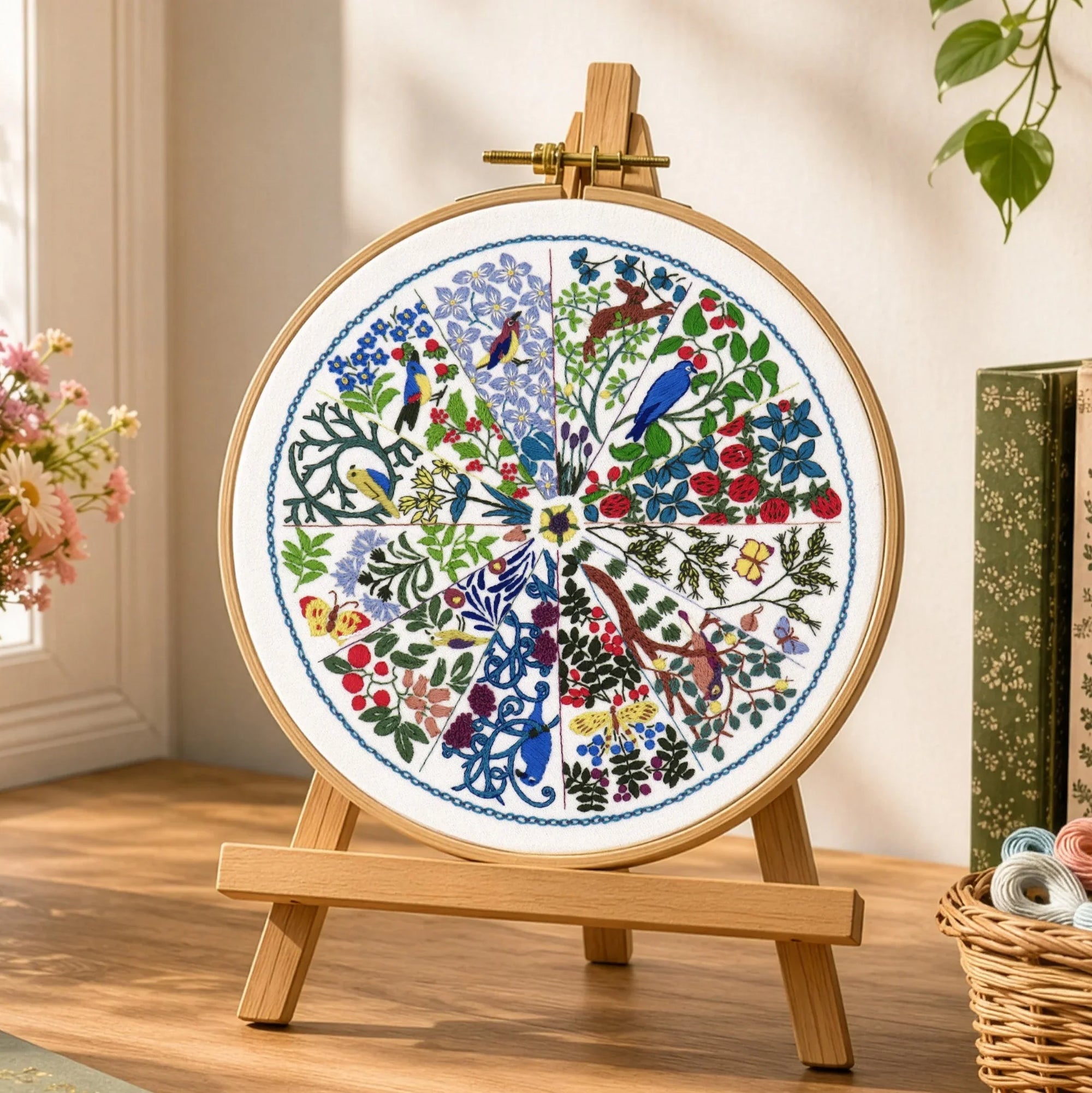 Decorative plate with a colorful design on a wooden stand in a home setting.