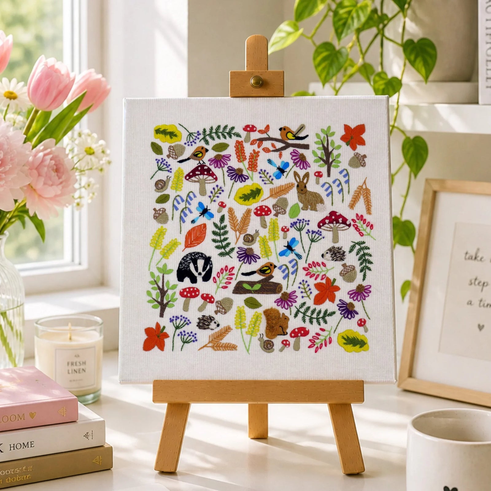 Decorative artwork on a small easel with flowers, books, and a mug on a table.