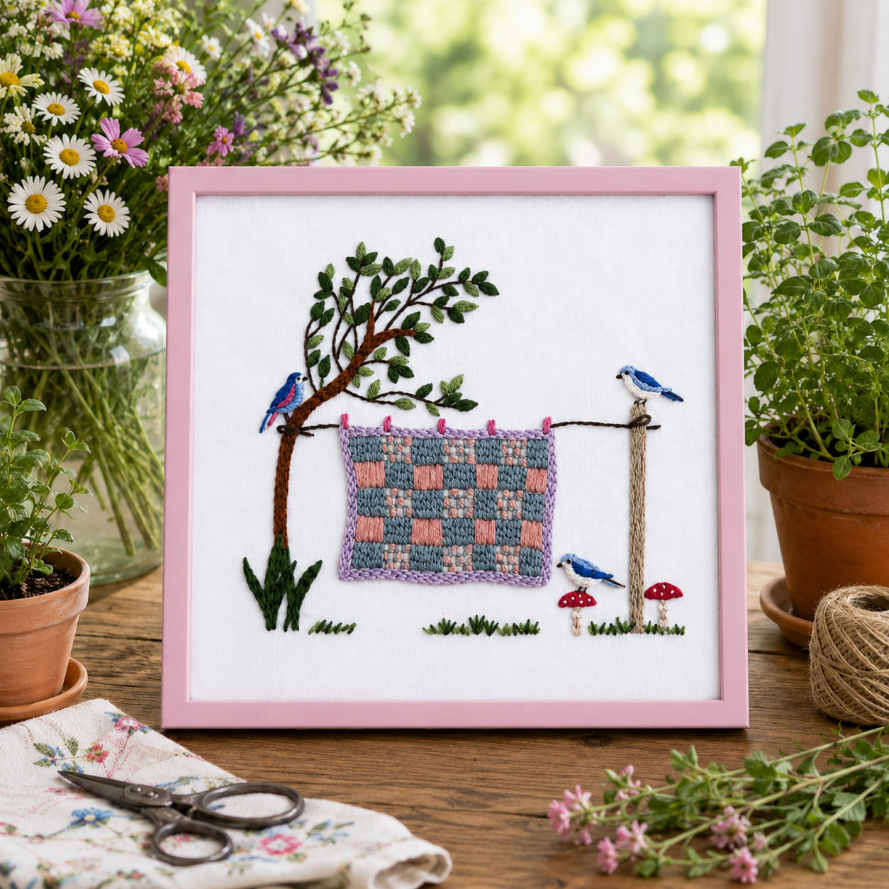 Embroidery of a garden scene with a tree, birds, and a checkered cloth, framed in pink.