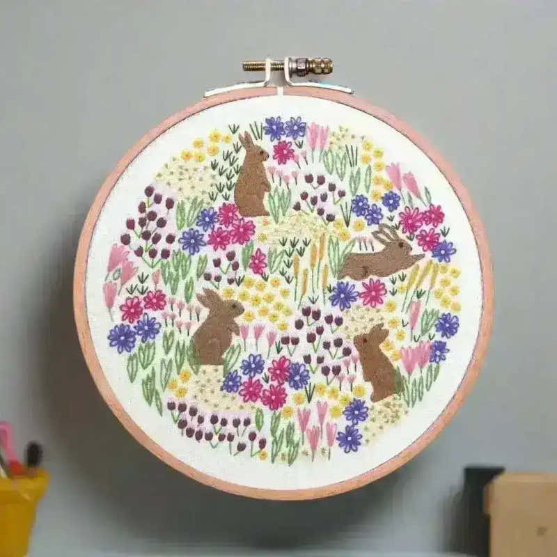 Wild Flowers and Rabbits, Pre Printed Embroidery Fabric Panel PLUS PDF Pattern , Pre Printed Fabric Pattern , StitchDoodles , embroidery hoop kit, Embroidery Kit, embroidery kit for adults, embroidery kit for beginners, embroidery kits for adults, embroidery kits for beginers, hand embroidery, hand embroidery fabric, modern embroidery kits , StitchDoodles , shop.stitchdoodles.com