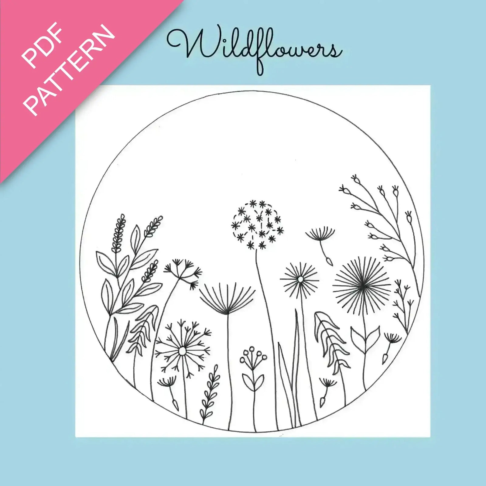 Circular design of wildflowers with 'PDF Pattern' and 'Wildflowers' text on a blue background.