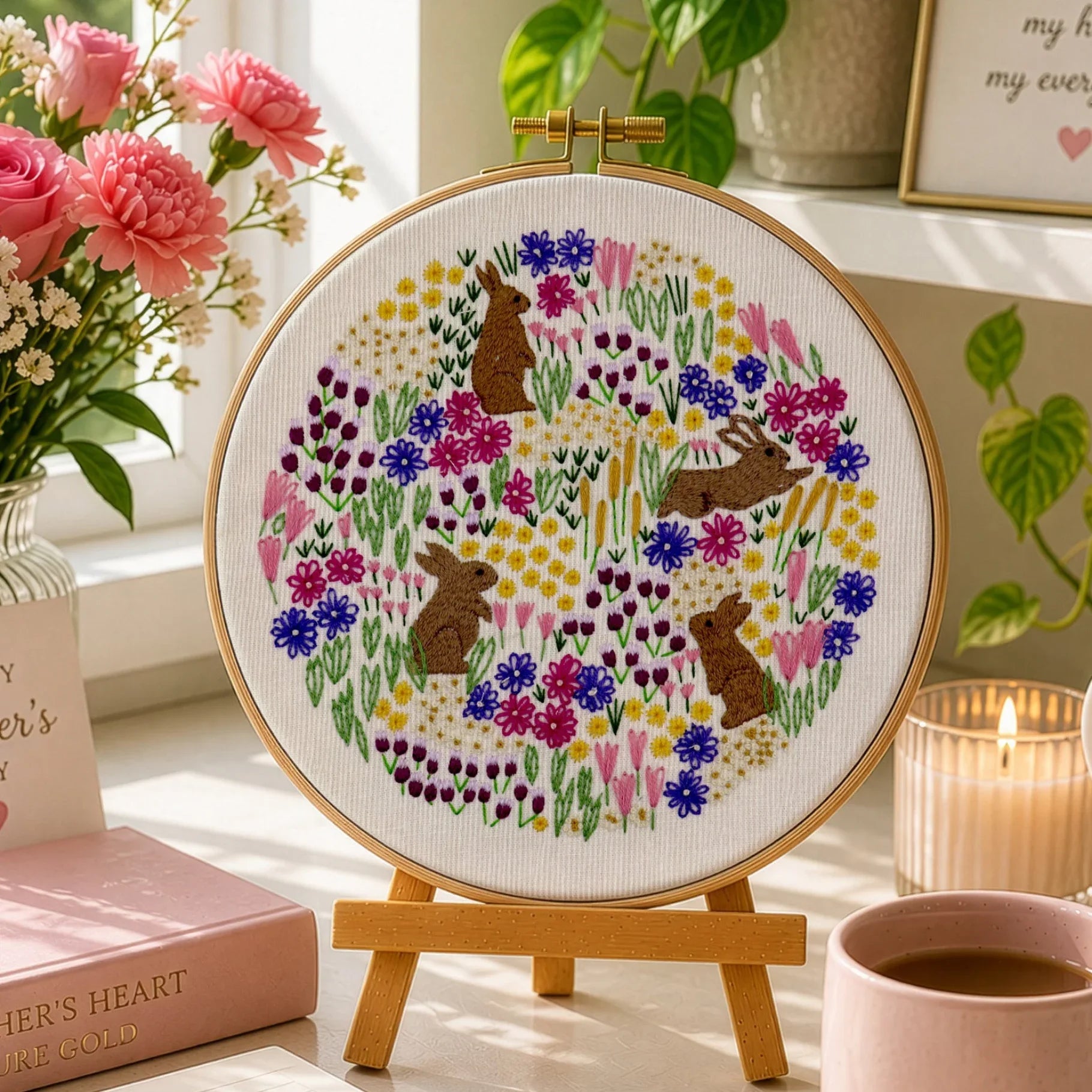 Decorative scene with a floral embroidery hoop, pink mug, and Mother's Day-themed items on a table.