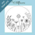 Circular template with line drawings of wildflowers on a blue background