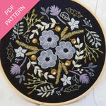 Embroidery hoop with floral pattern on black fabric, PDF pattern text overlay