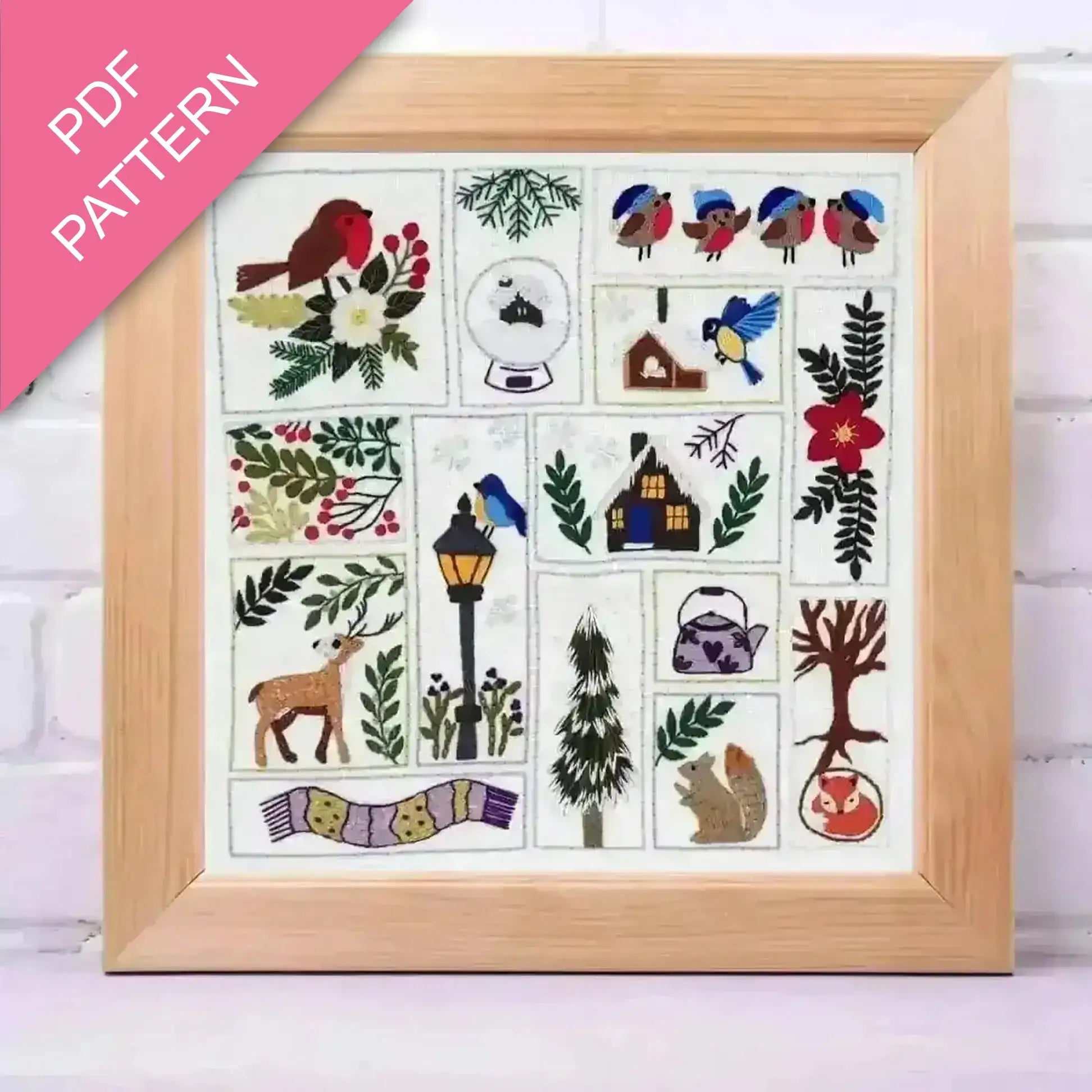 Framed PDF pattern with various illustrations on a white background